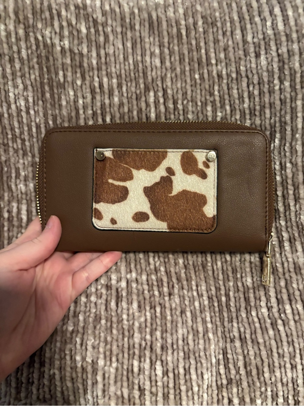 Brown Zip-Around Wallet with Cowhide Accent